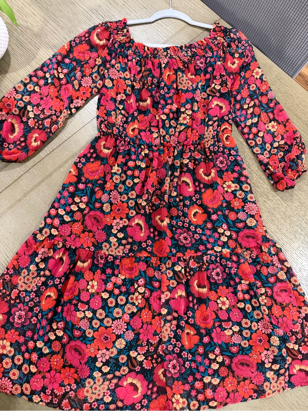 Off-Shoulder Floral Midi Dress in Multi-Color